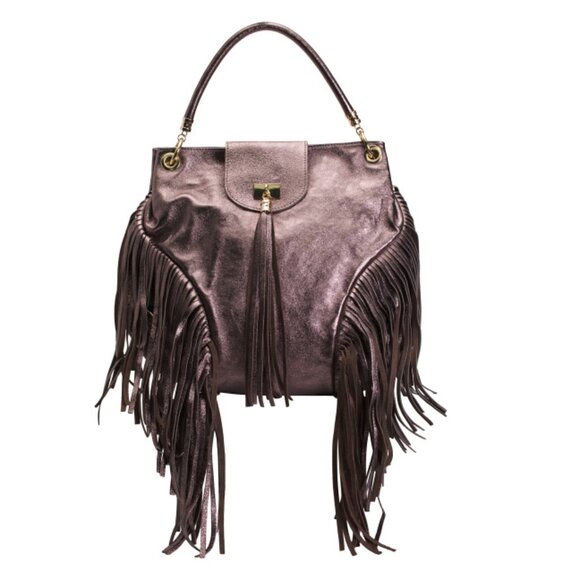MARLON bronze Made In Italy Leather Metallic Satchel With Fringe Trim